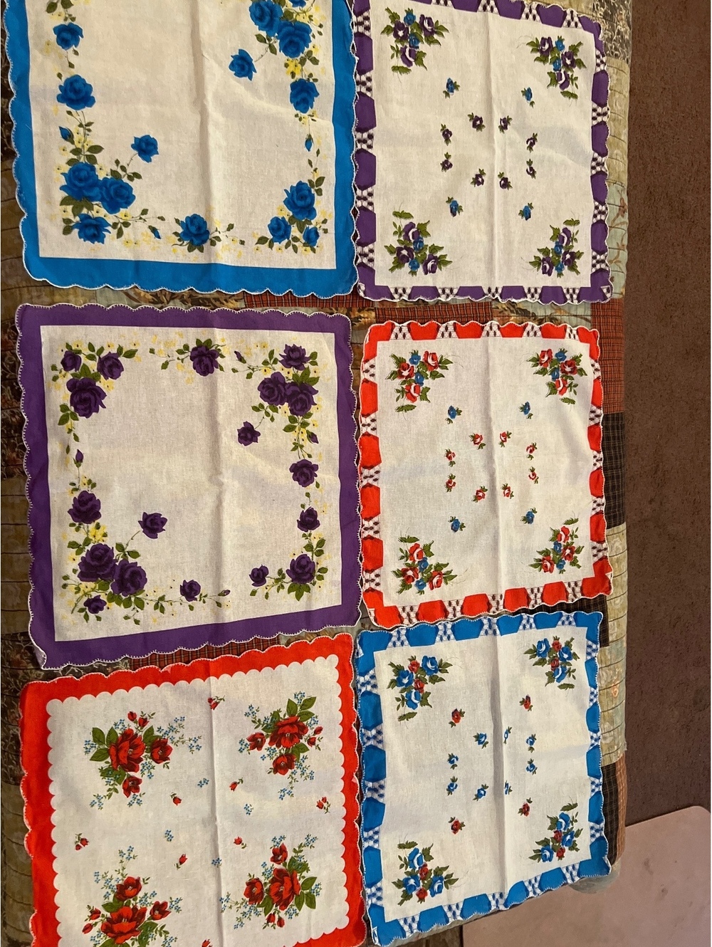 Vintage Floral Cotton Handkerchiefs Set of 6 with Scalloped Edges